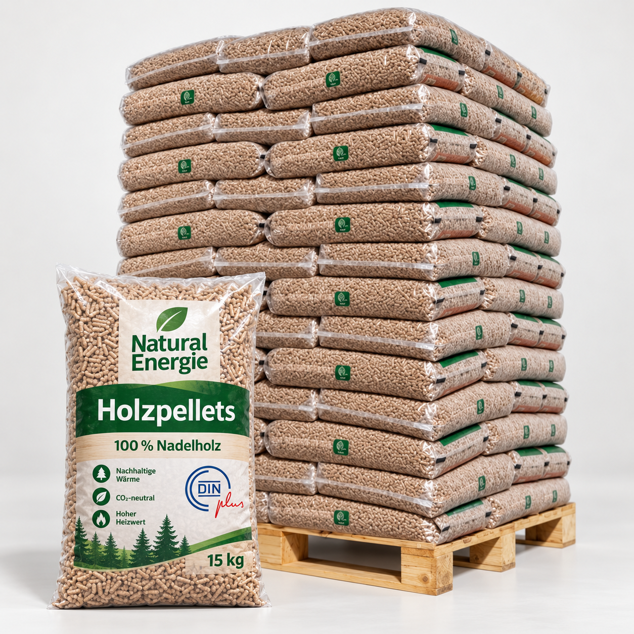 Natural Energie Holzpellets – 70 × 15 kg Palette – 100 % Nadelholz, DINplus